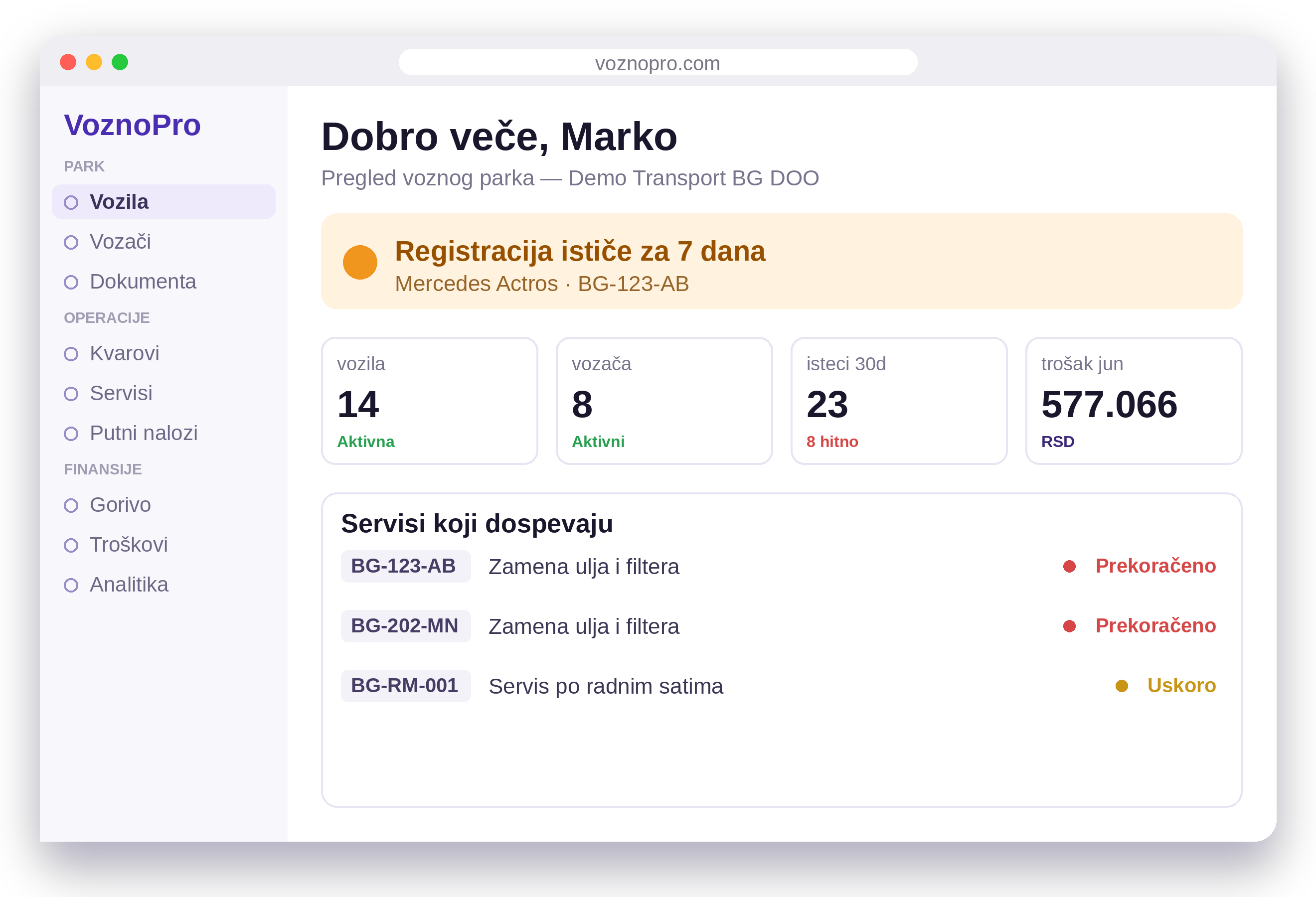 VoznoPro — pregled voznog parka: vozila, registracije, servisi i troškovi
